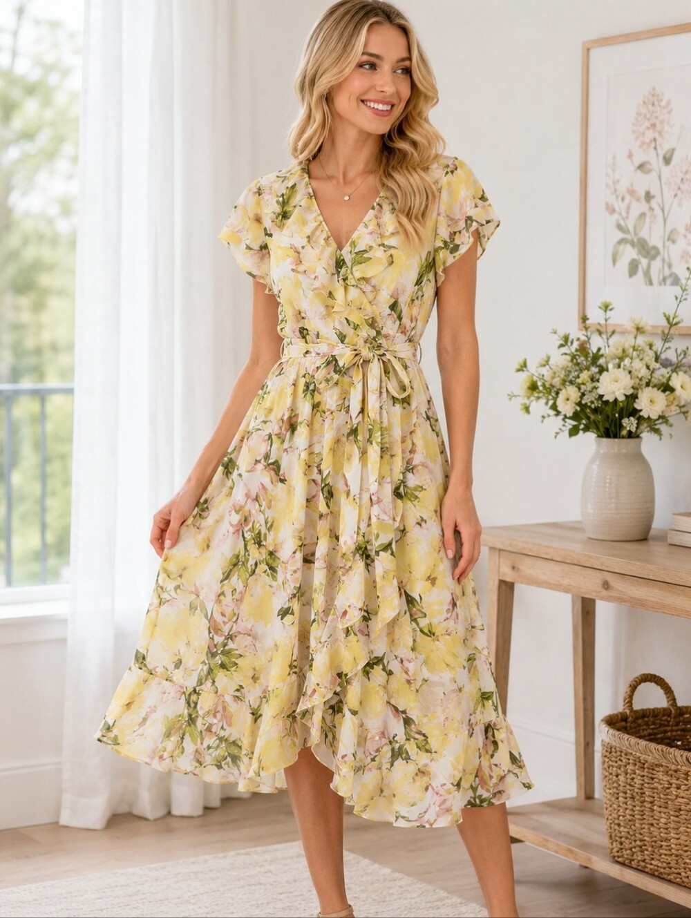 Melonie T. Yellow Floral Ruffle Tie Waist Midi Dress Size 8 Garden Party